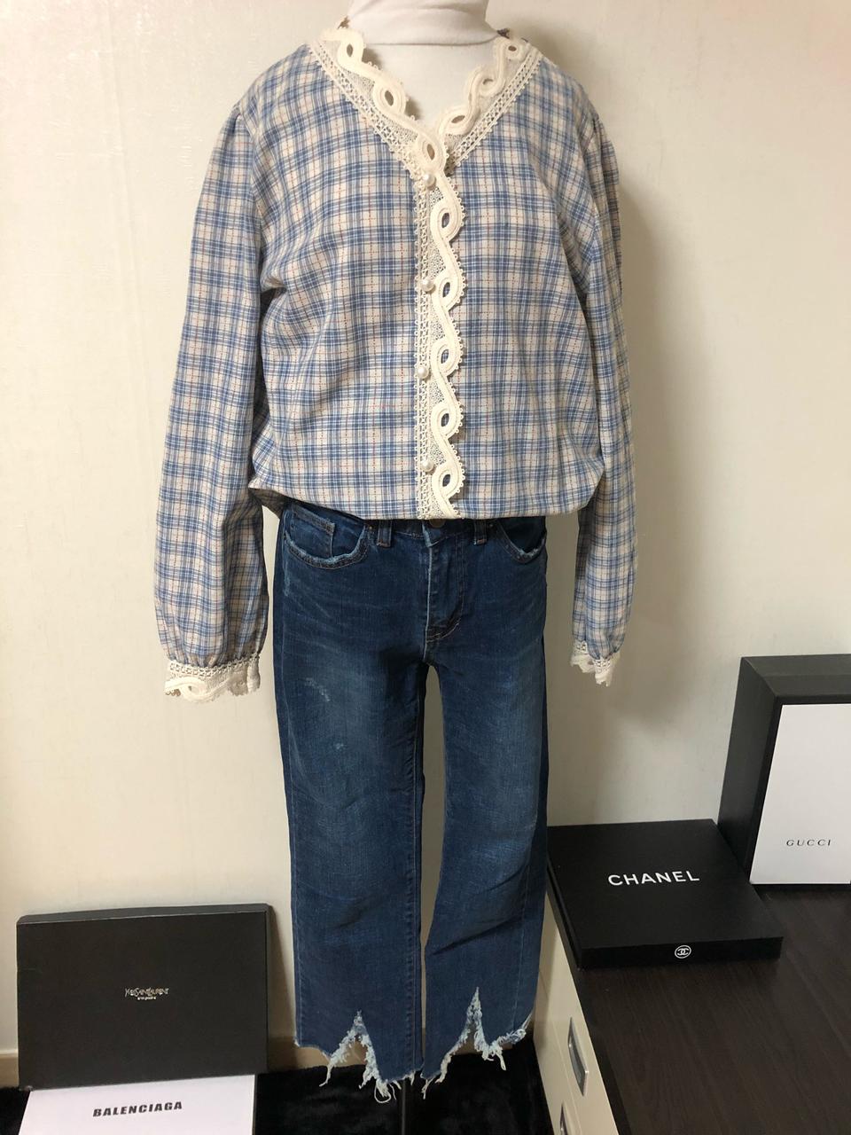 [구제나나몰]체크진주포인트블라우스