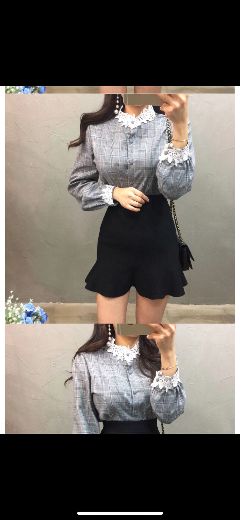 [구제나나몰]체크플라워블라우스