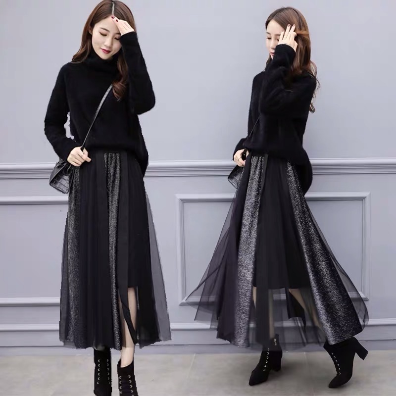 여성 신상 겨울 터틀넥 스워터 반짝이는 스커트 파티 투피스