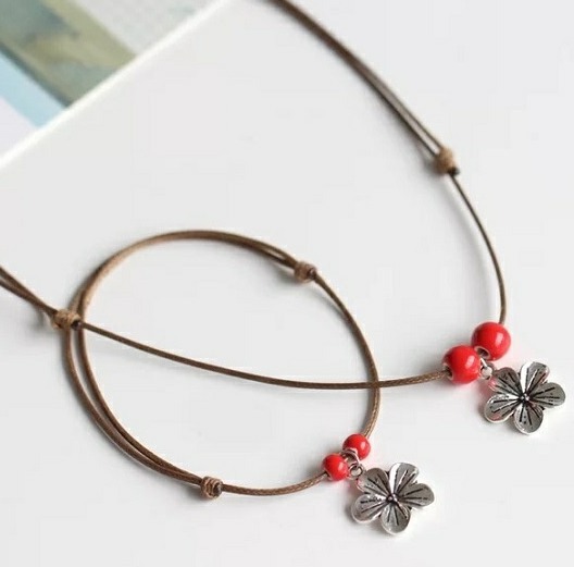 12-5. 매듭 로프체인/실버 매화 꽃 & 세라믹 구슬 팔찌/목걸이 세트