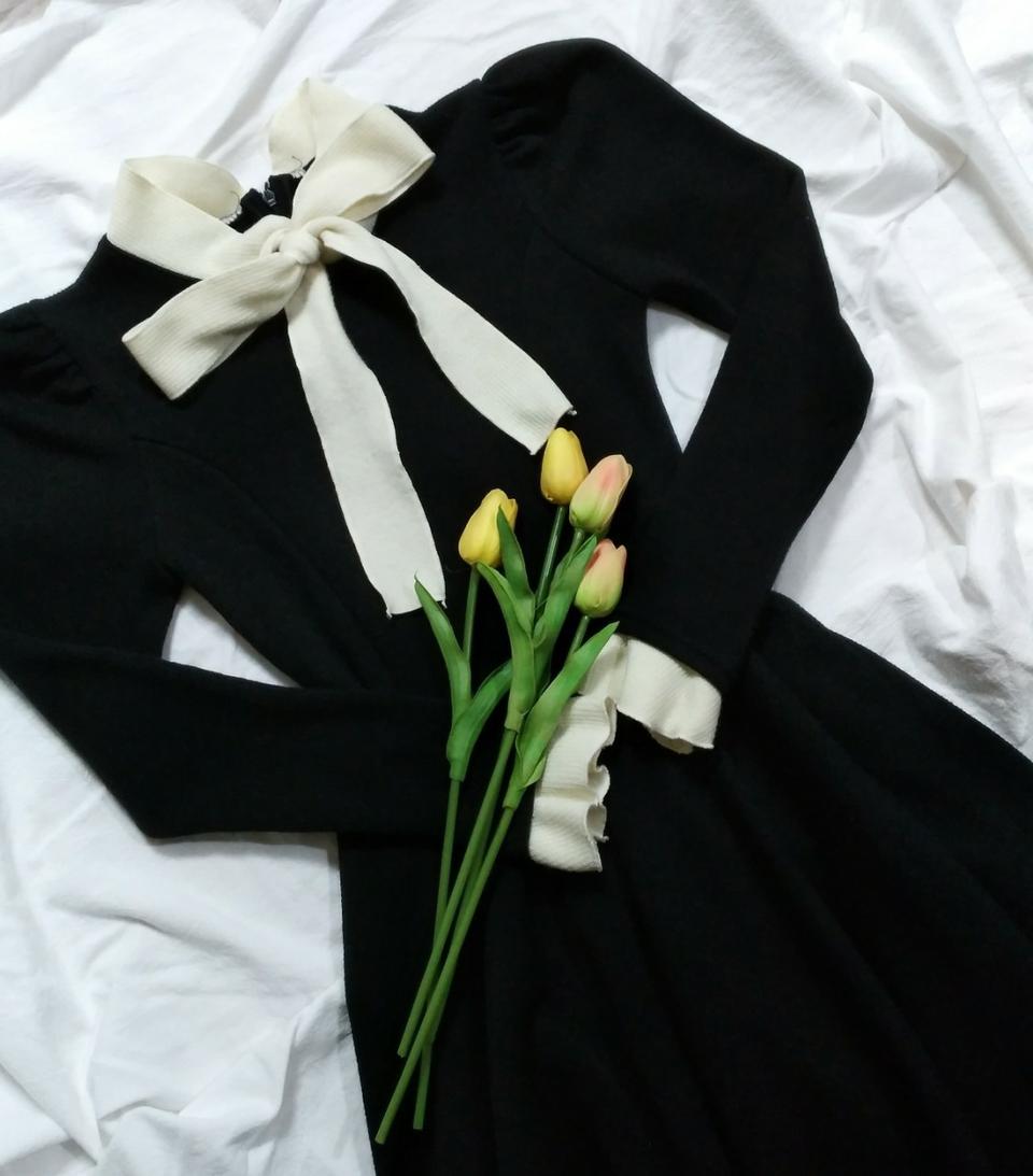 페미닌 3344사이즈 키작녀 고퀄 니트 리본 플레어 원피스(데이트,하객룩