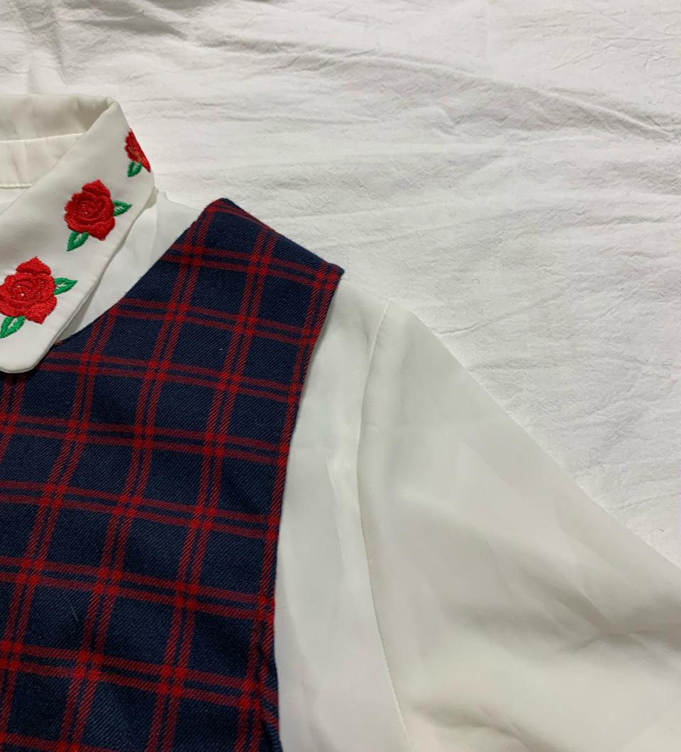 고퀄) 장미자수 블라우스 체크 버건디 원피스 코디세트