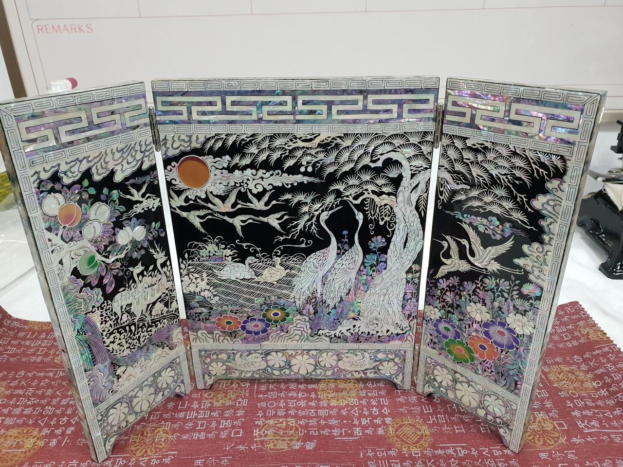 십장생 나전자개 3폭 병풍