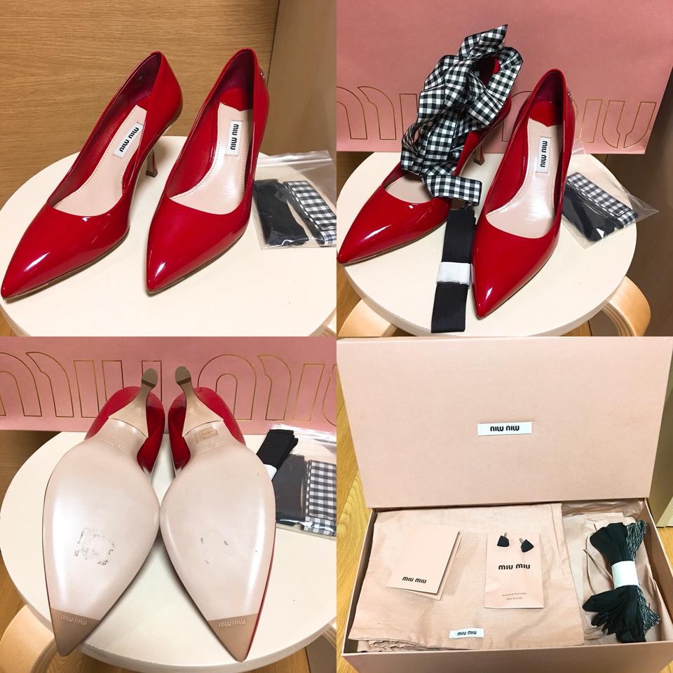 [정품/새상품] 미우미우 MIUMIU 레드/퍼플 리본 펌프스 구두 힐