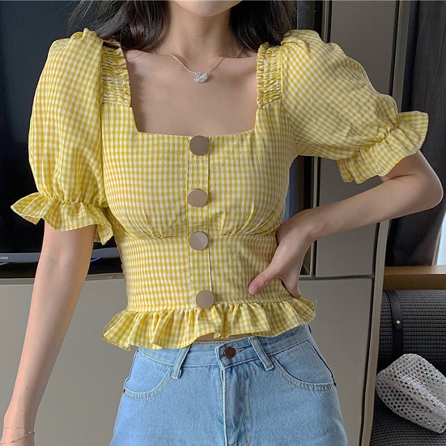 스모크밴딩 스퀘어넥 크롭 블라우스 (옐로우,레드,블랙)