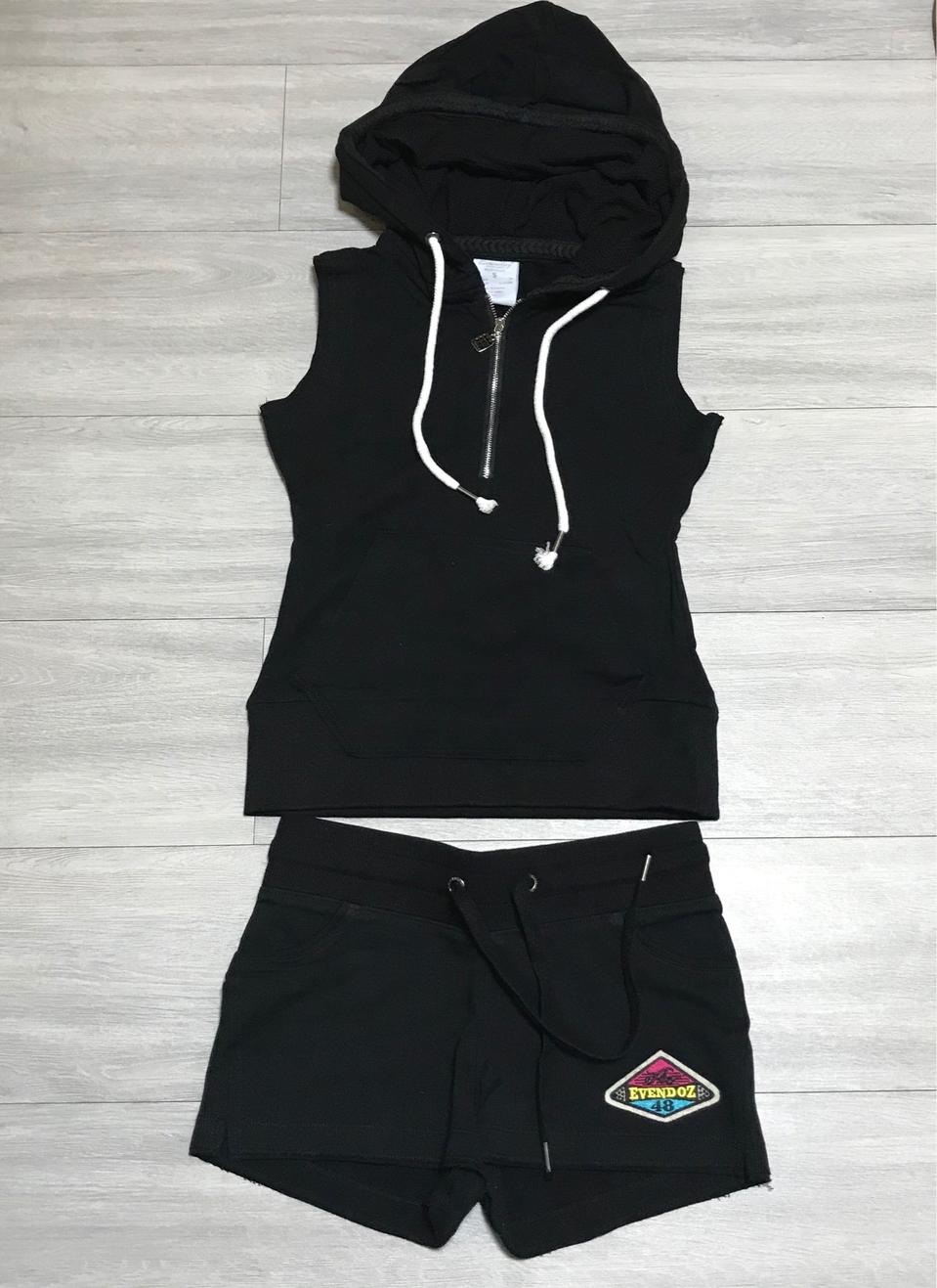 새옷-이븐도즈 슬리브 후드 + 핫팬츠 상하 셋트 블랙 S(44-마른55)