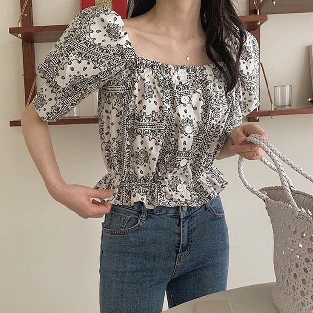 퍼프소매 스퀘어 에닉스 블라우스 (3color)