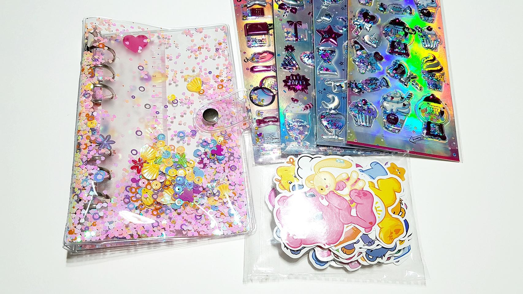스팽글 글리터 다이어리케이스 인스 아이스크림 립 케어베어 조각스티커