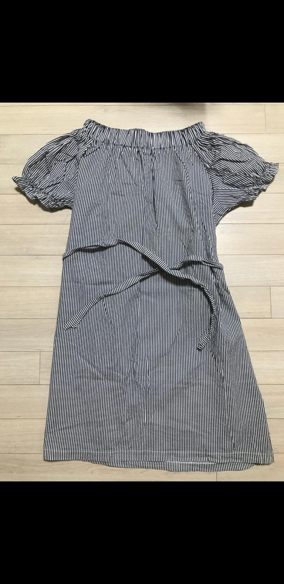 스트라이프 오프숄더 끈 원피스