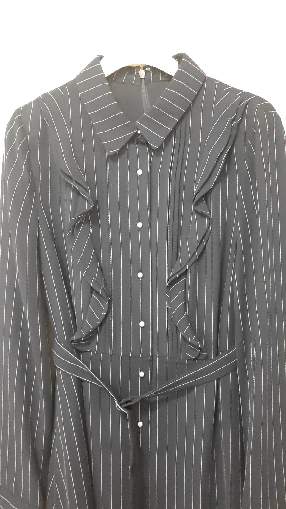 줄무늬 프릴 원피스 55, 미사용, 진한 남색