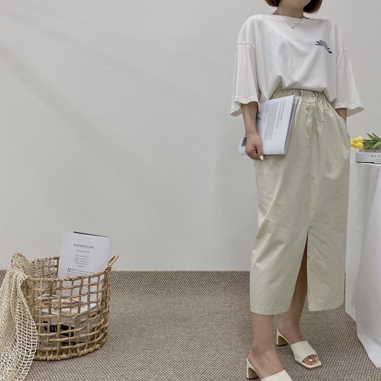 허리밴딩 스트링 면 앞트임 스커트