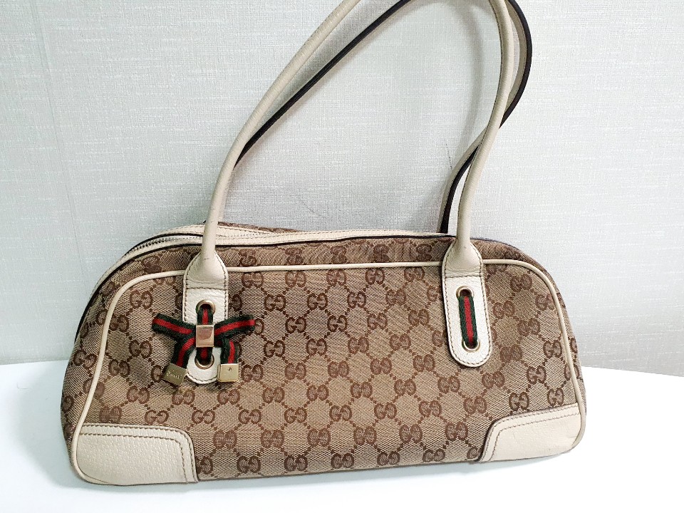 [정품] Gucci(구찌) 161720 GG로고 자가드 삼색 리본 디테일 토트백 