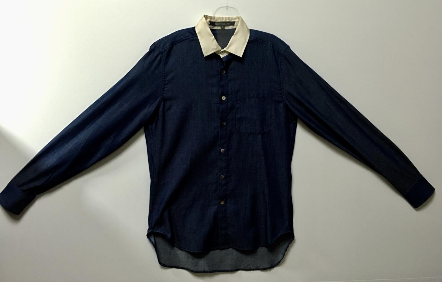 90S사이즈 정품 티모웰랜드 슬림핏투톤 네이비화이트 레귤러카라 코튼 롱슬리브남방 드레스셔츠