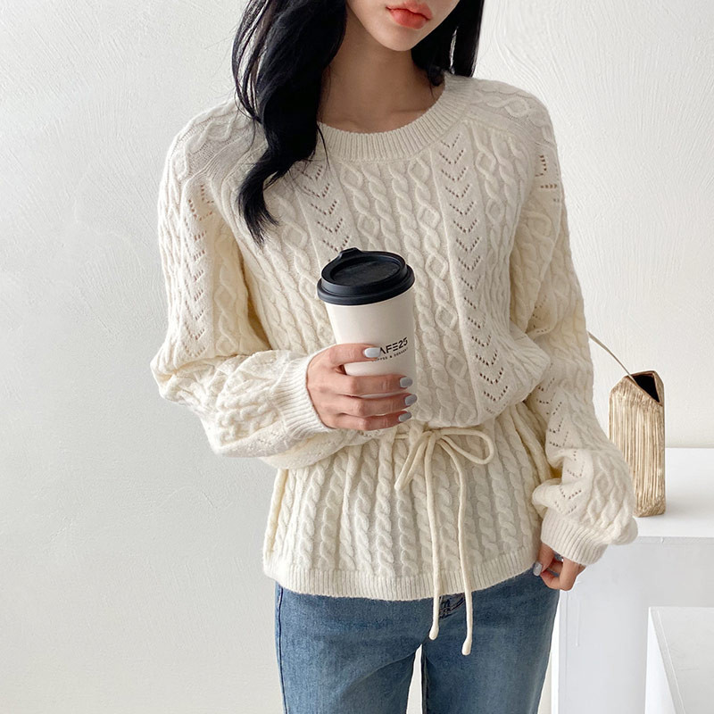 여성캐주얼 긴팔 허리끈 니트 티셔츠(2col)