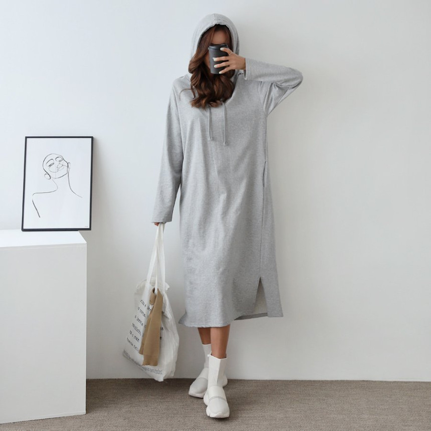  캐주얼 후드 롱 원피스(그레이)