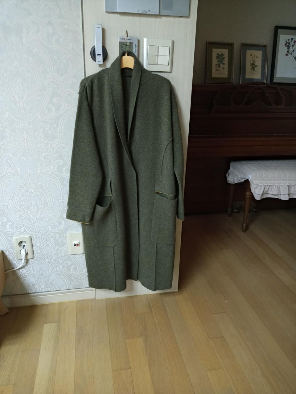 카키 캐시미어함유 롱가디건  코트 니트