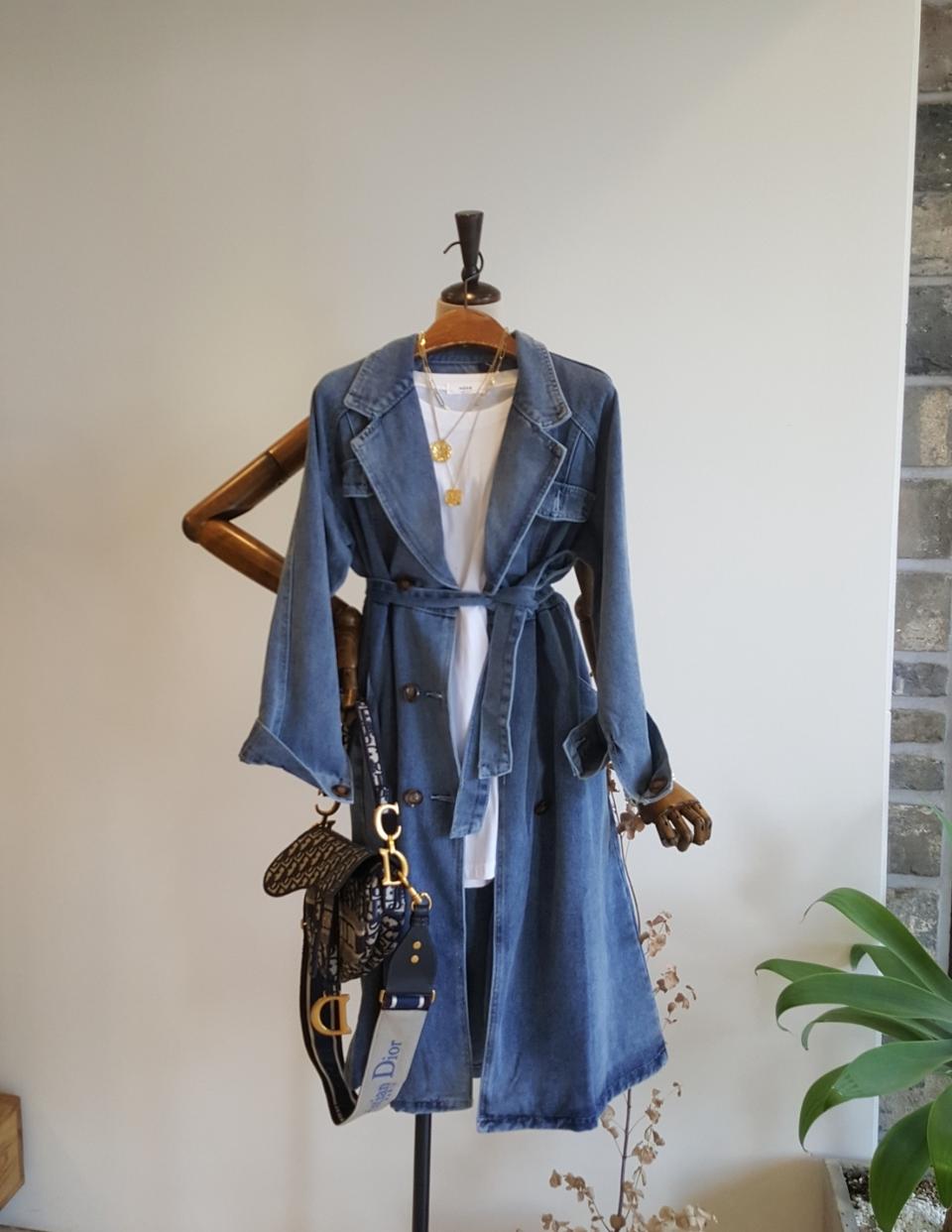 데님 카라 롱 자켓(끈 포함)