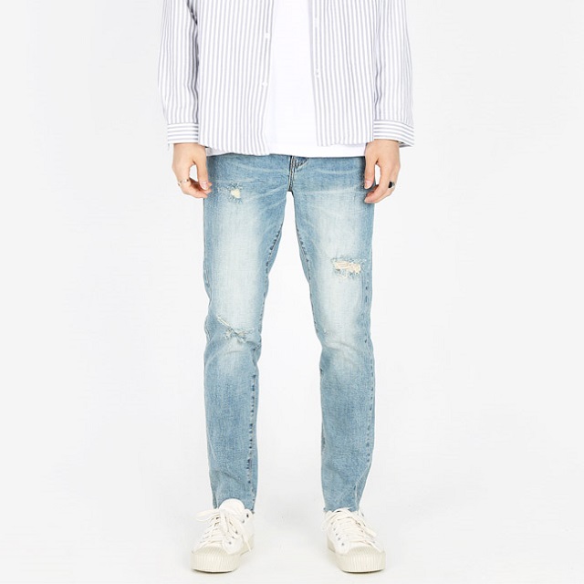 남성 워싱 컷팅 일자 스판 데님팬츠 S-2XL