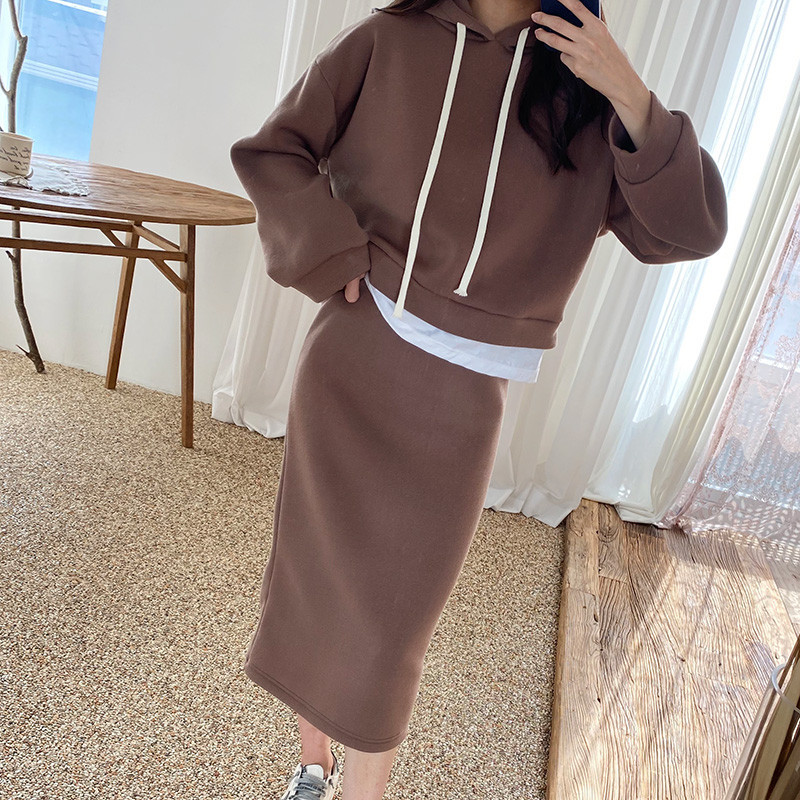 여성 사탕 후드 무지 후드 맨투맨 스커트 세트(4col)