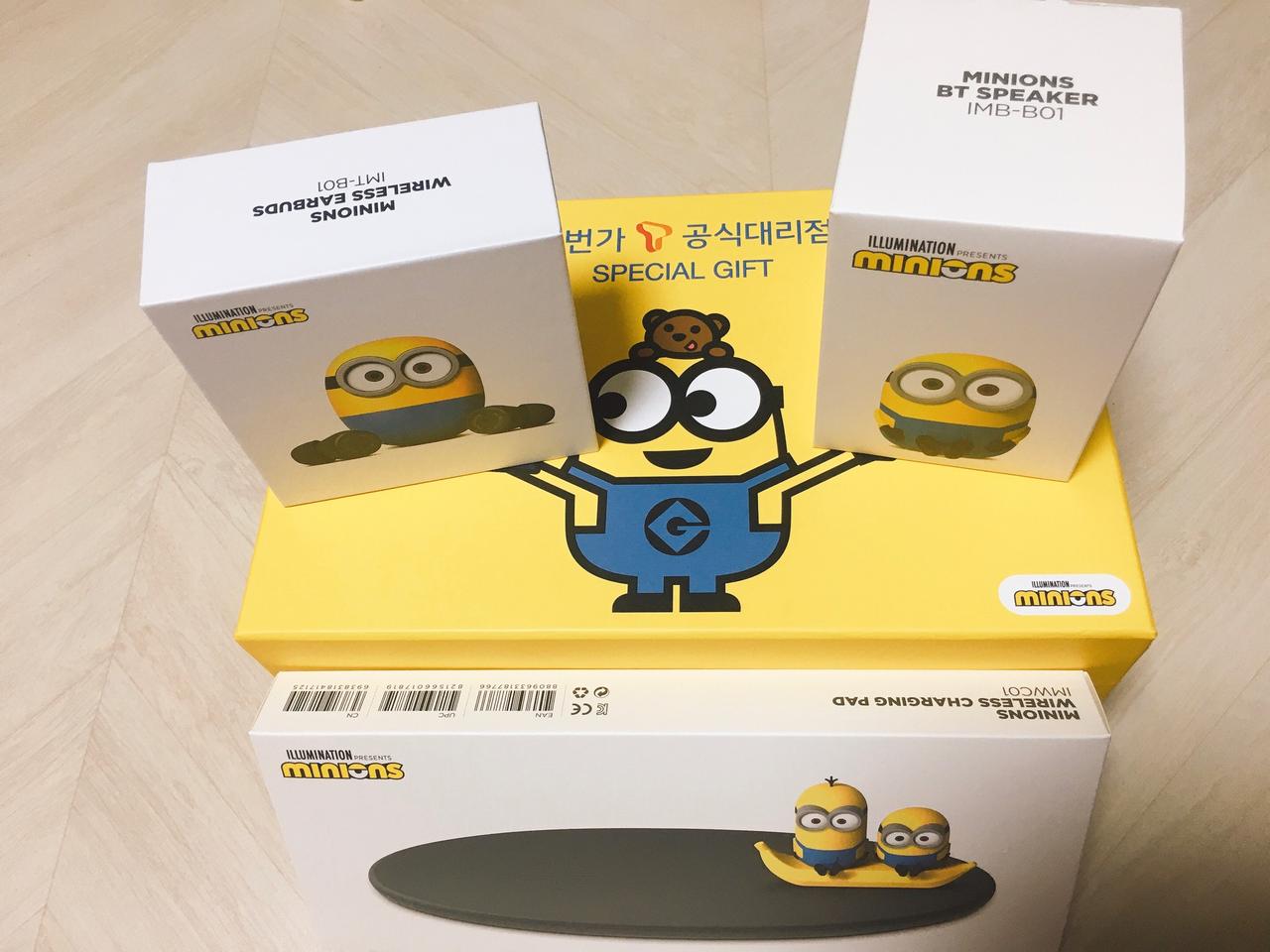 아이리버 미니언즈 블루투스 이어폰, 스피커, 충전패드 세트