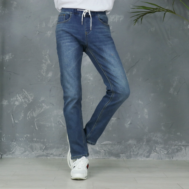 남자 융 기모 청바지 허리 밴딩 슬림 데님 진