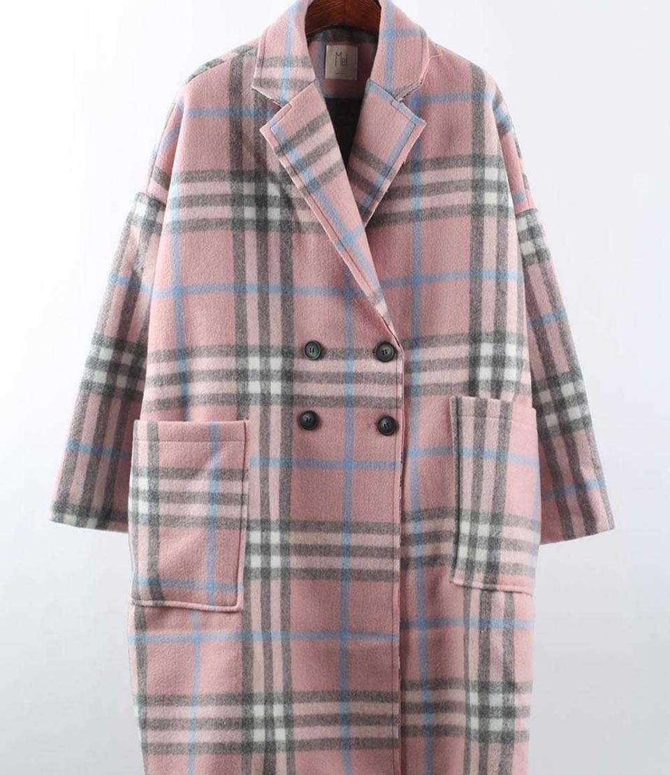 핑크 체크 롱코트