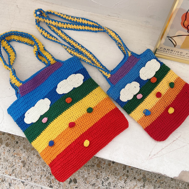 ♥손뜨개 무지개 숄더백 라지,스몰 (새제품)