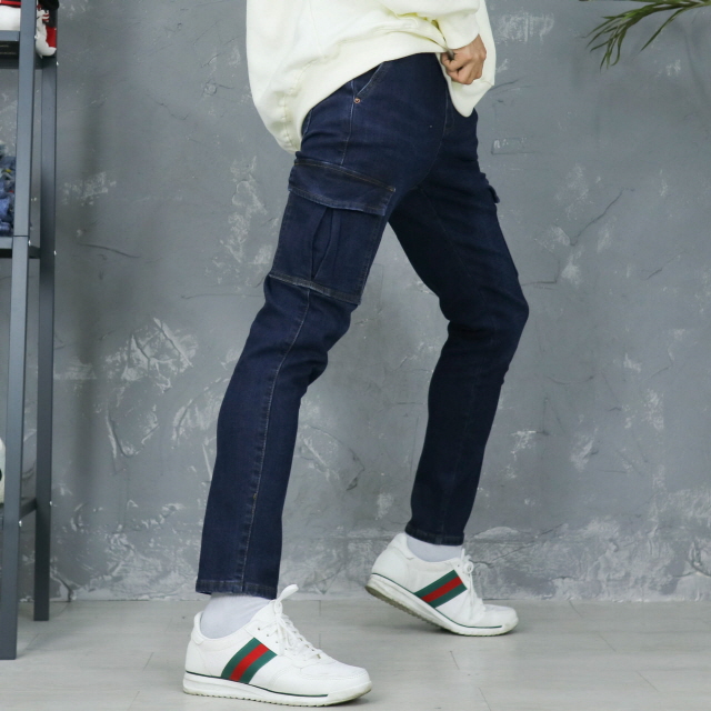 남자 약 기모 스판 밴딩 청바지 카고 블루 데님 진