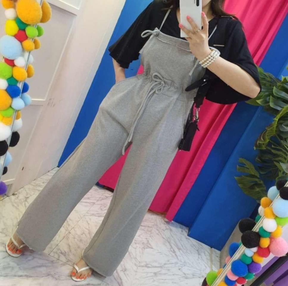 여성 끈 조절 와이드 멜빵바지