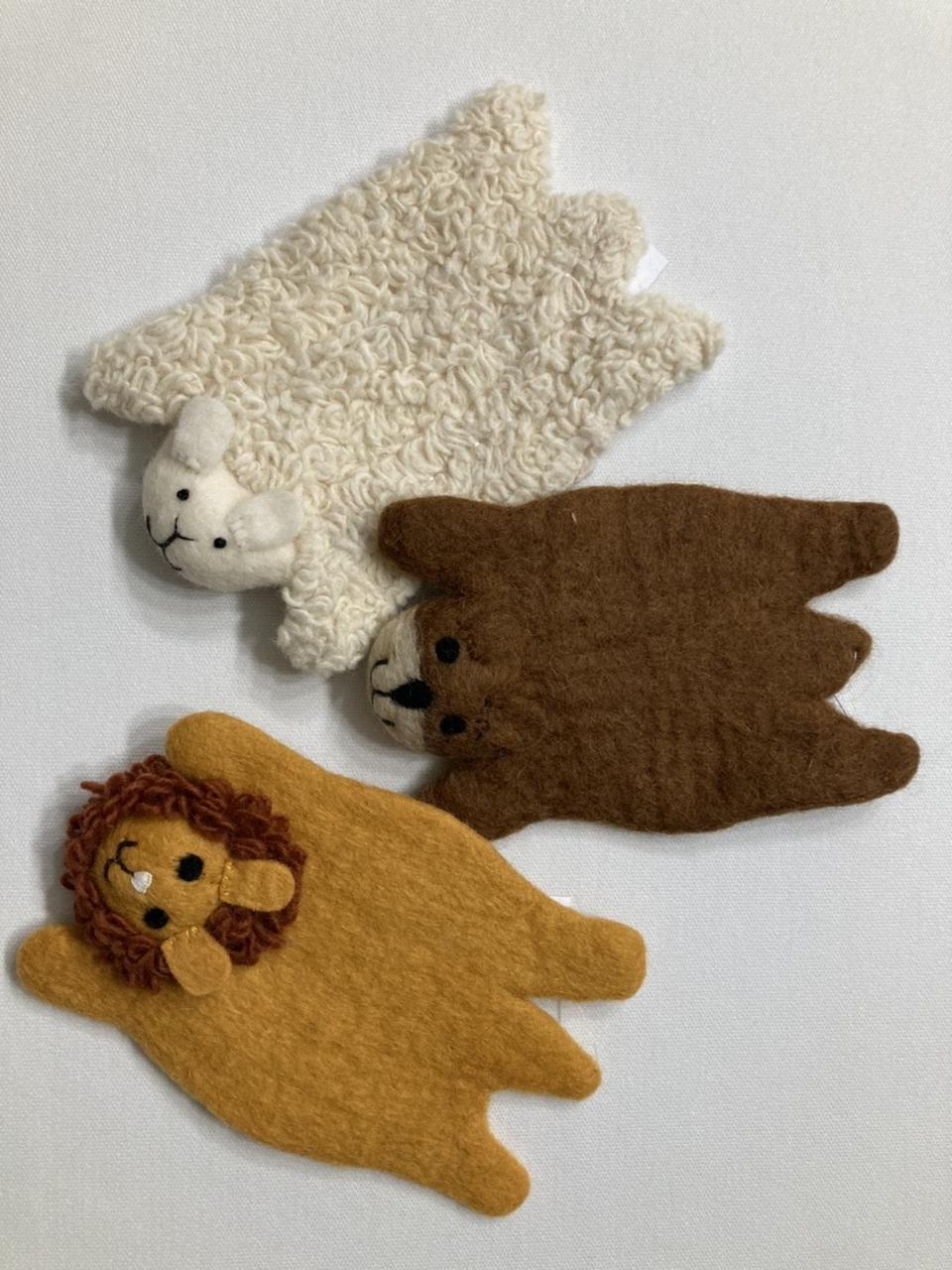[새상품] 핸드메이드 양모 펠트 동물모양 코스터 3정 (곰,사자,양)