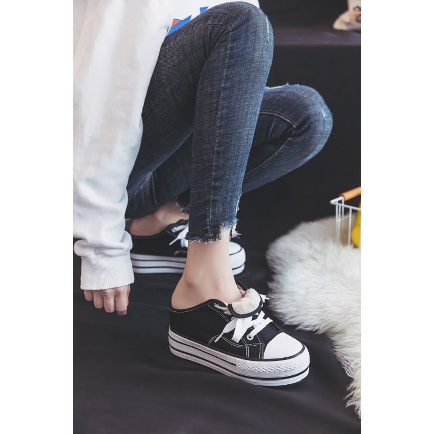 8cm 키높이 블랙 기모 컨버스 뮬 스니커즈 방한 신발 퍼 운동화 털슈즈