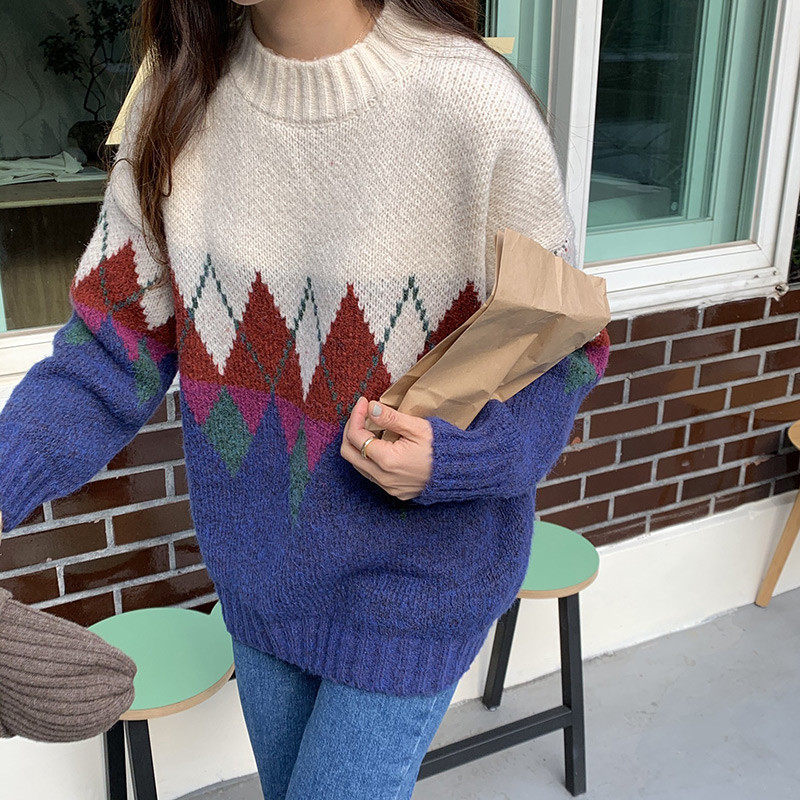 반폴라 아가일 일반 니트 티셔츠 그레이