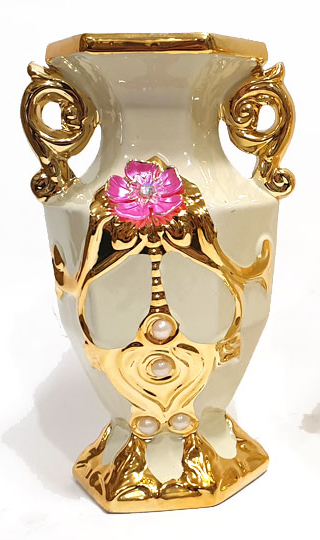 각진 핑크꽃 황금화병 (도자기)