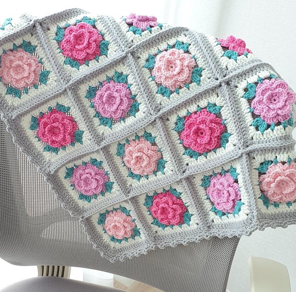 ♥손뜨개 *로즈 방석 & 블랭킷 회색 (새상품)