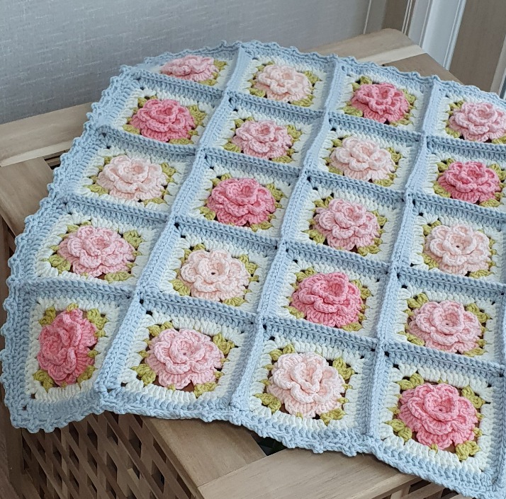 ♥손뜨개 로즈 방석 & 블랭킷 연하늘색 (새상품)