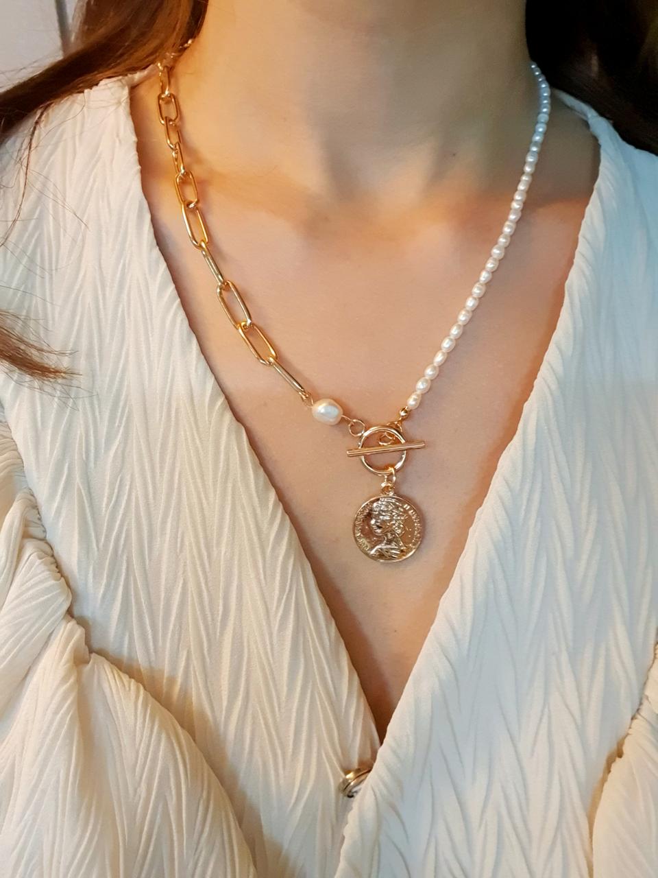 ⚜best 담수진주 토글바 써지컬 스틸 클립체인 코인목걸이(새상품/도매)