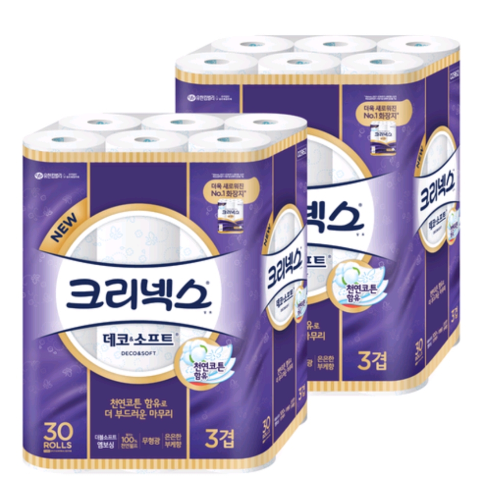크리넥스 3겹 데코앤소프트 화장지 27m x 30롤 2개 운포 3.9만원