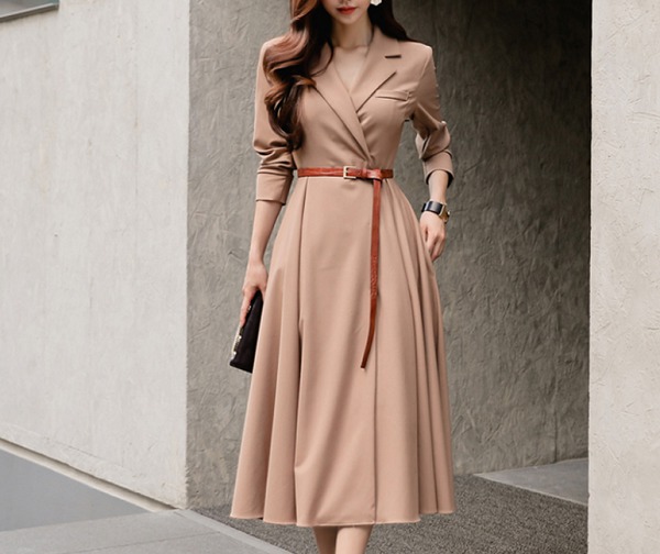 여성 더블 카라 후리스원피스(벨트포함)