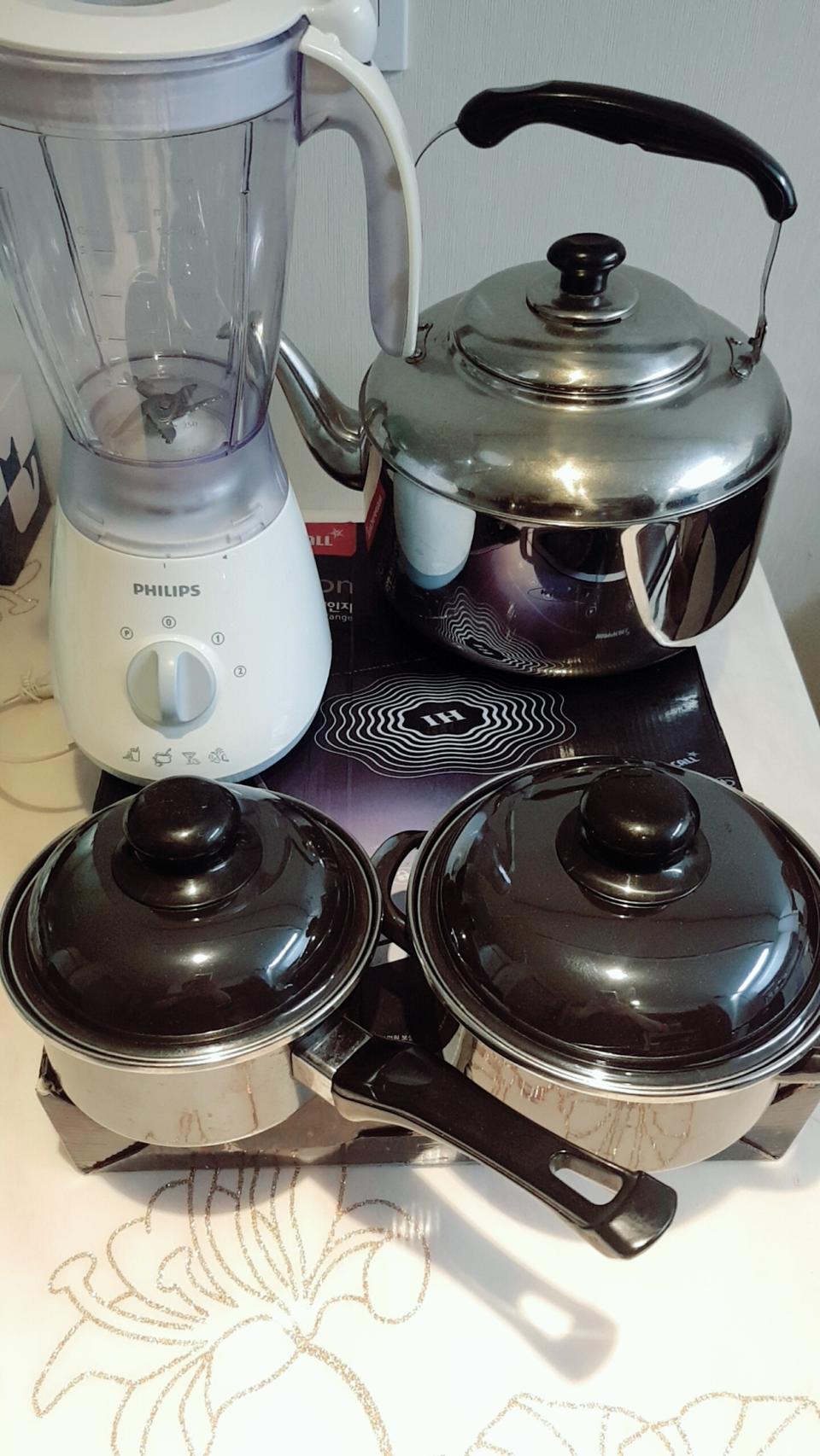 해피콜 인덕션(박스채 새것)+인덕션 전용 냄비2개+필립스믹서기+주전자