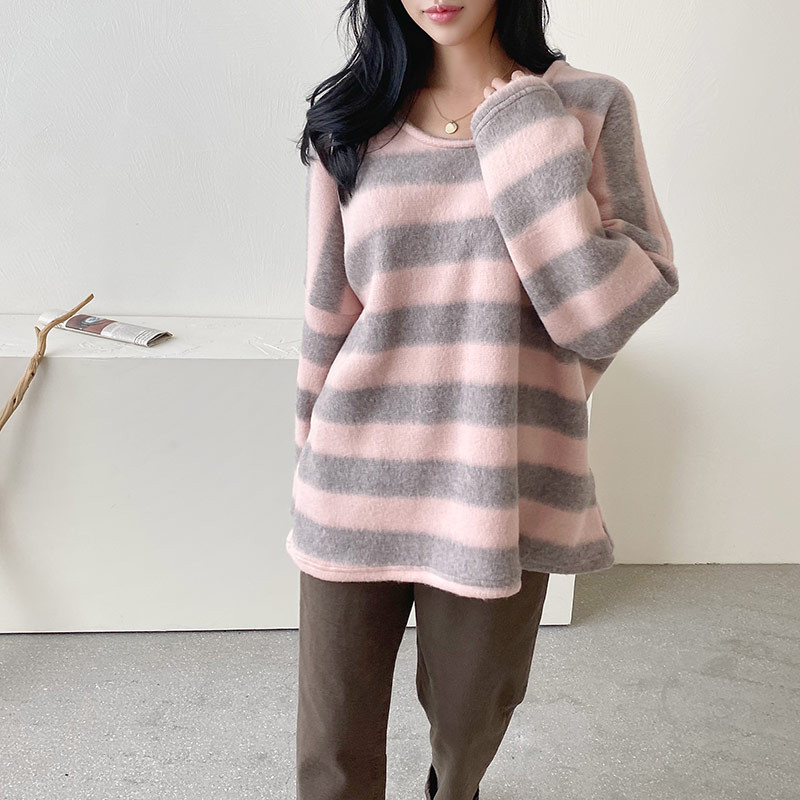 라운드넥 단가라 티셔츠+머플러(핑크1)