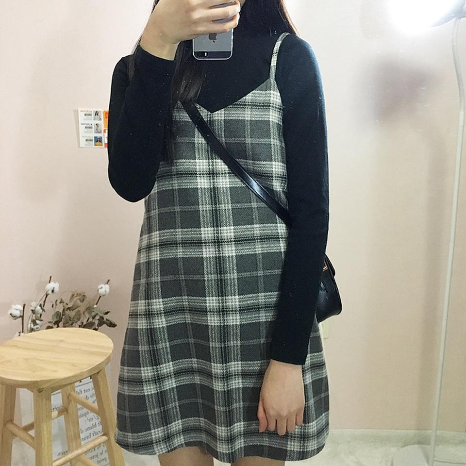 그레이 얇은 모직체크 뷔스티에 원피스