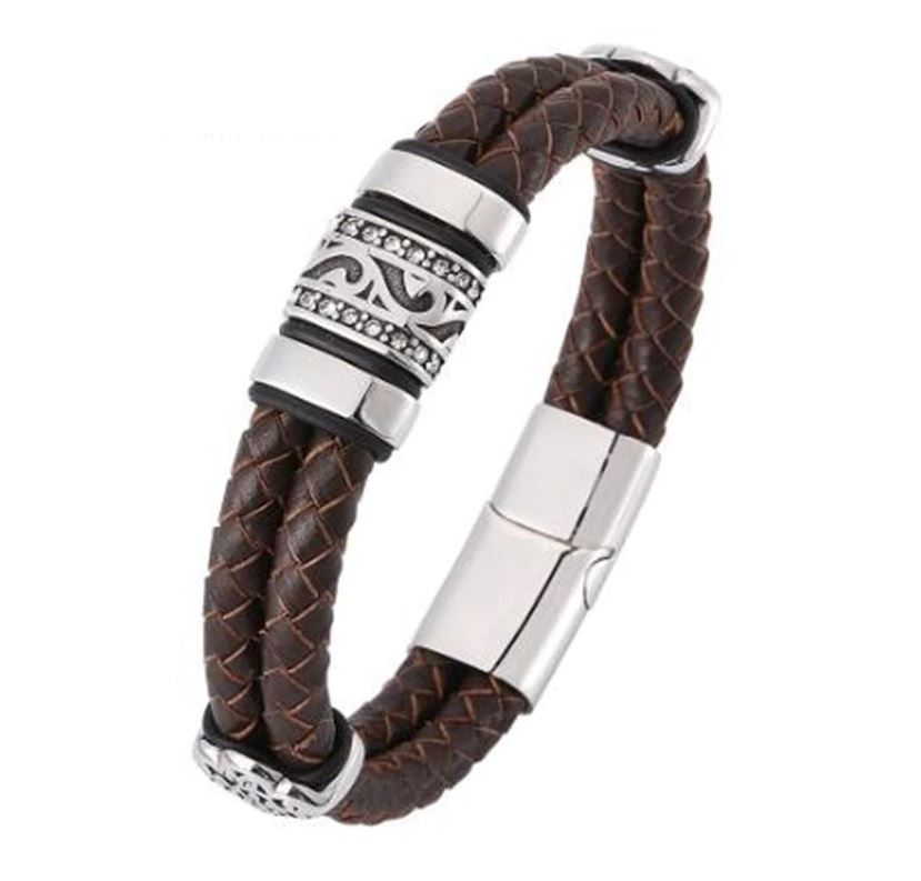 더블 레이어드 브라운 가죽팔찌