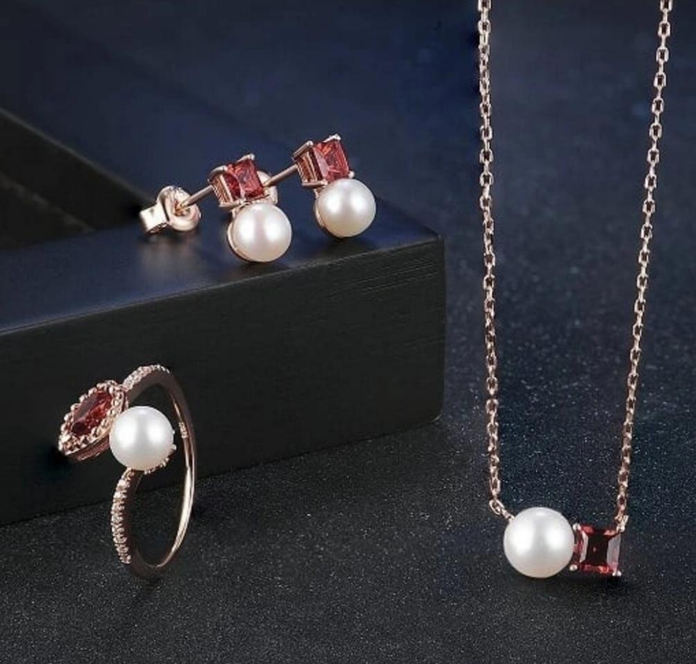 실버925 로즈골드 로듐도금 가넷&담수진주셋트