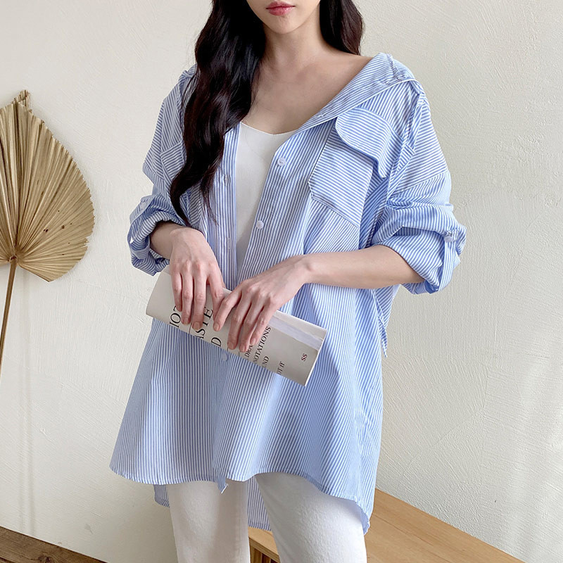 루즈핏 코튼셔츠 남방 스트라이프 후드남방