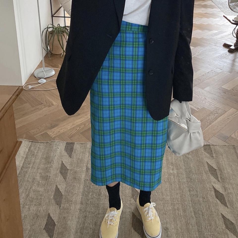 베이지 블루 체크 H 밴딩스커트 55-66