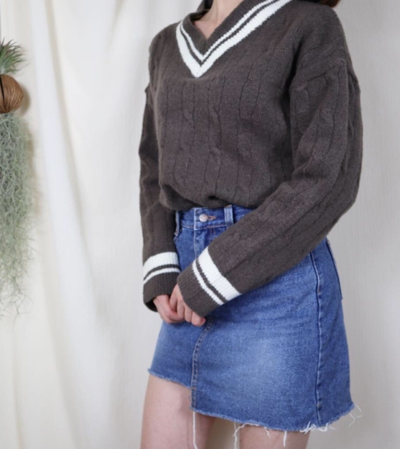 코코아 브이넥 배색 꽈배기 브이넥 봄 가을 여자 니트 55 66 77