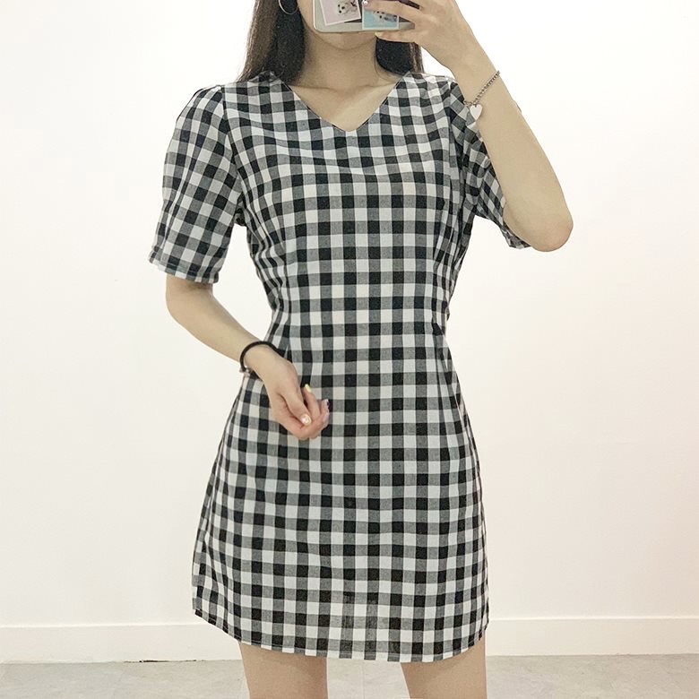 새옷/ 검정체크 반팔 리본 미니원피스