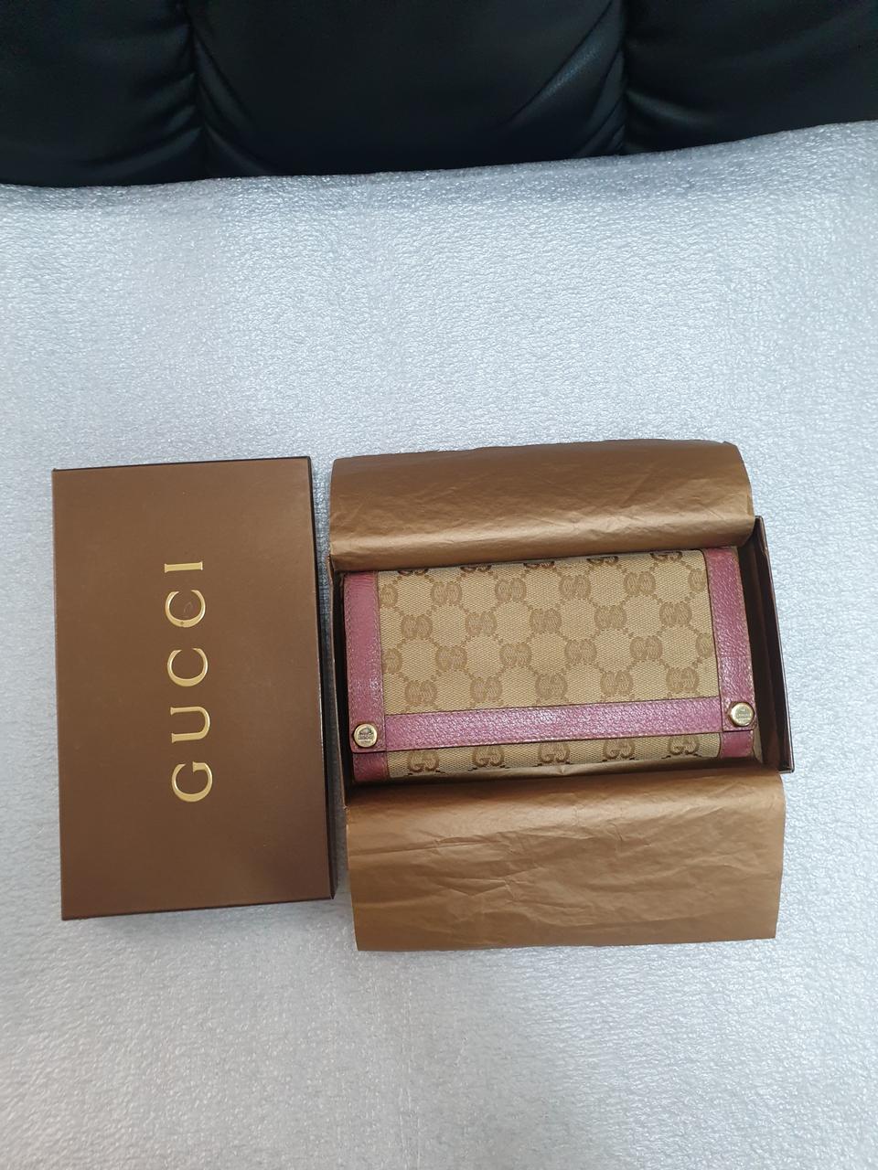 정품 구찌 자카드 장지갑 분홍라인 154168