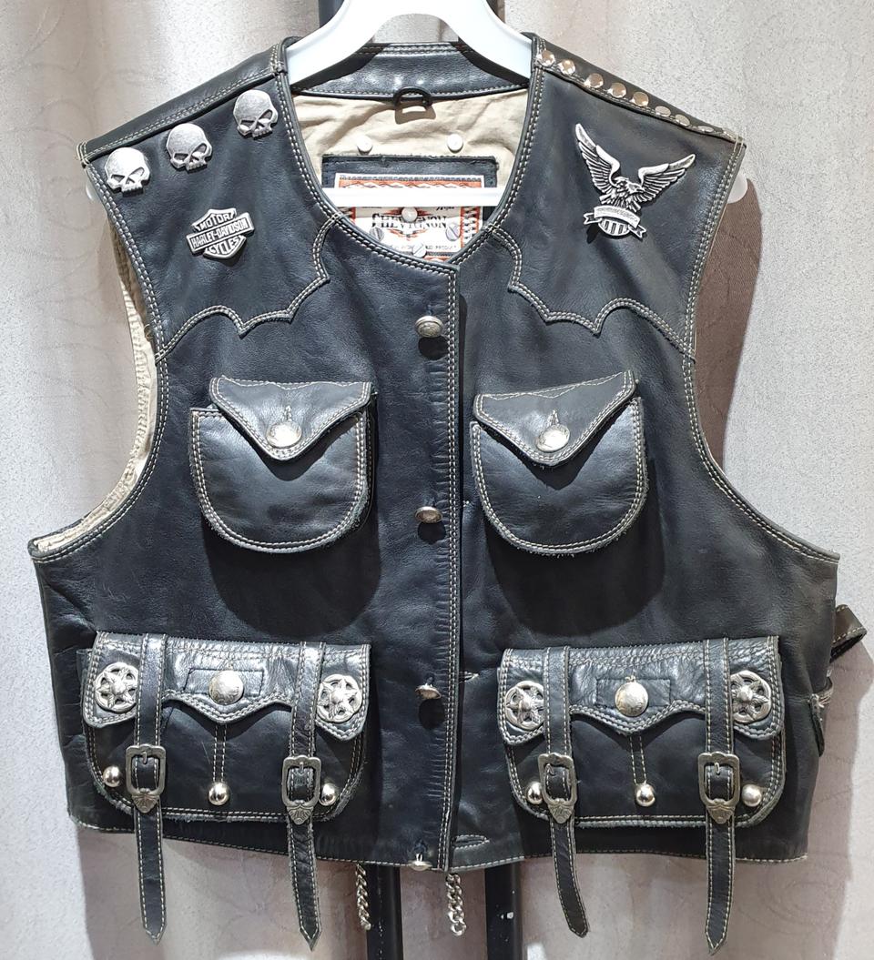 바이크 빈티지 커스텀 해골 엔진 가죽 체인조끼