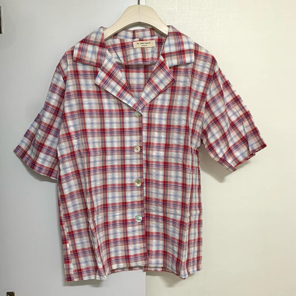 새 옷/ 브이넥 반팔셔츠 체크남방 블라우스 레드